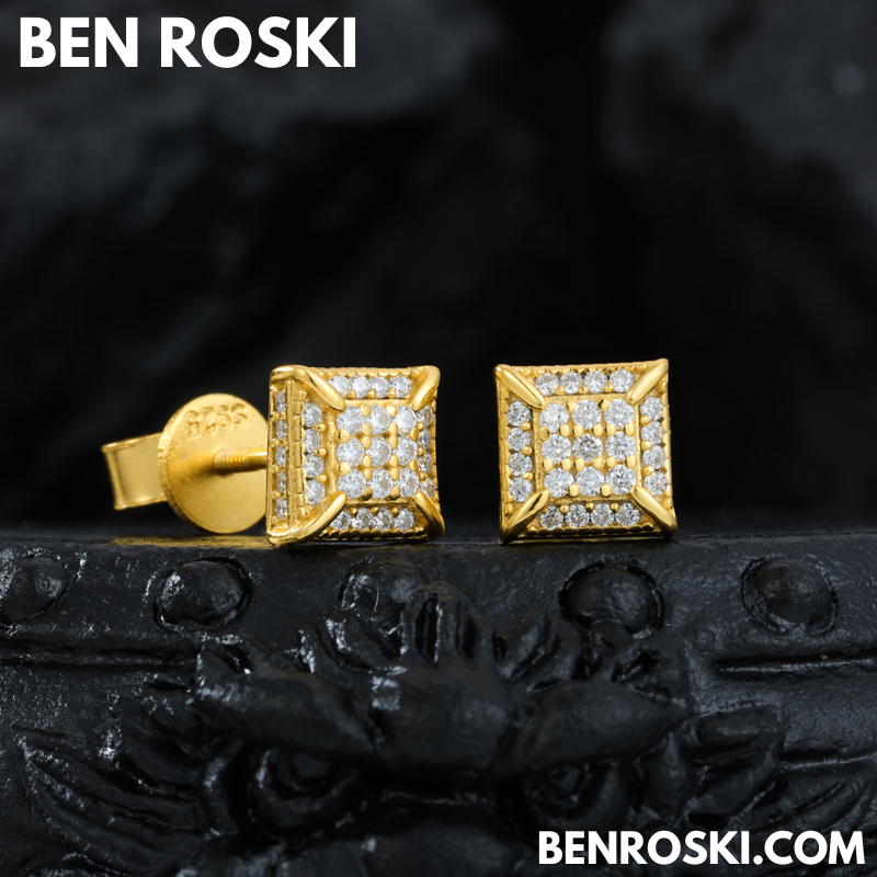 Square Micro-Pavé Stud Earrings Sterling Silver, Gold & Rose Gold Plated | VVS Moissanite | GRA Certified