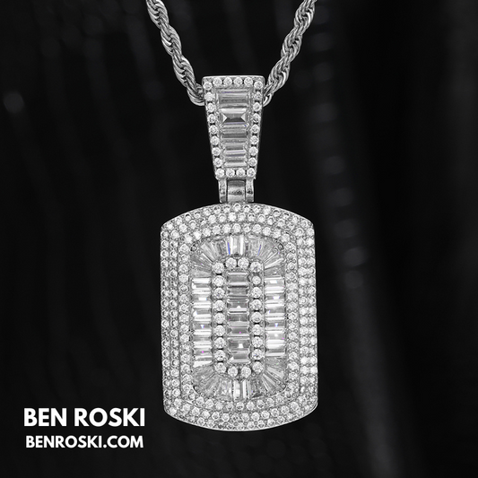 Baguette Cluster Dog Tag Pendant Sterling Silver, Gold & Rose Gold | VVS Moissanite | GRA Certified