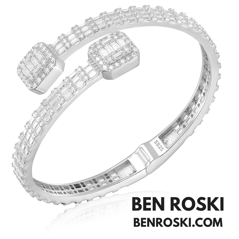 Baguette Moissanite Open Bangle – 7/8-Inch | 5.5MM | Silver, Gold Plated & Rose Gold Plated over 925 Silver | GRA Certified