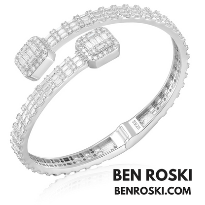 Baguette Moissanite Open Bangle – 7/8-Inch | 5.5MM | Silver, Gold Plated & Rose Gold Plated over 925 Silver | GRA Certified