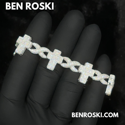 Iced Cross Moissanite Bracelet – 15MM | 7 &8-Inch | Solid 925 Sterling Silver | GRA Certified | Gold & Rose Gold Plated Variants