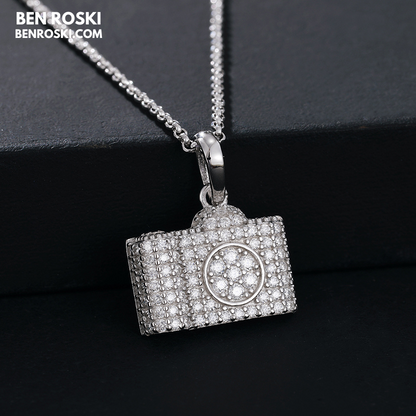 Camera Pendant Necklace Sterling Silver or Gold / Rose Gold Plated | VVS Moissanite | GRA Certified