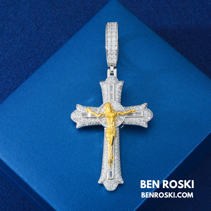 Crucifix Moissanite Cross Pendant Sterling Silver, Gold & Rose Gold | VVS Moissanite | GRA Certified