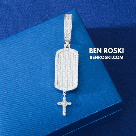 Iced Dog Tag Pendant with Cross Sterling Silver, Gold, or Rose Gold | VVS Moissanite | GRA Certified