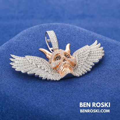 Moissanite Winged Skull Pendant Sterling Silver, Gold & Rose Gold Plated | VVS Moissanite | GRA Certified
