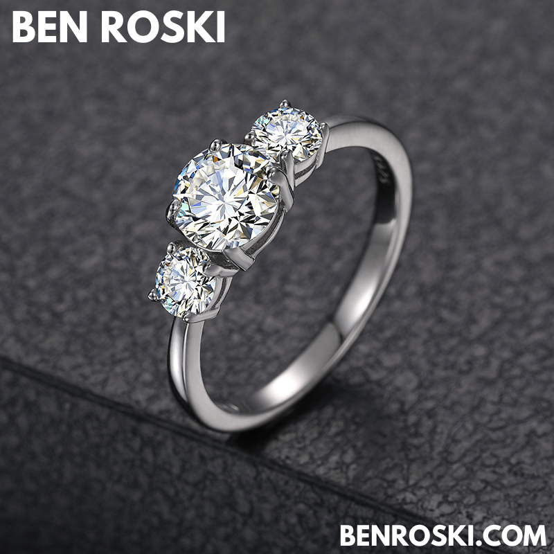 Three-Stone Moissanite Engagement Ring Sterling Silver, Gold & Rose Gold | GRA Certified