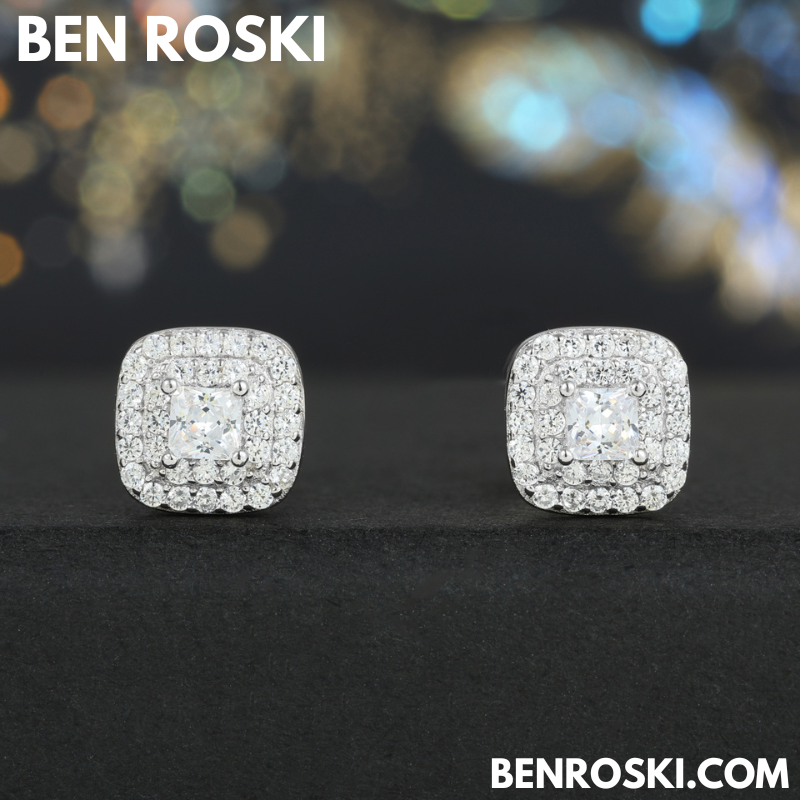 Cushion Halo Stud Earrings Sterling Silver, Gold, or Rose Gold | VVS Moissanite | GRA Certified