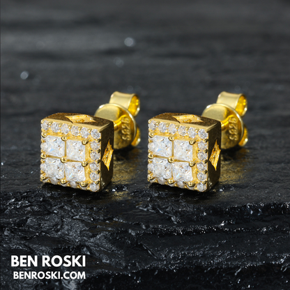 Square Cluster Stud Earrings Sterling Silver, Gold or Rose Gold Plated | 5A Moissanite Stones