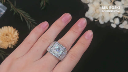 Men’s Iced Moissanite Square Statement Ring Sterling Silver, Gold, or Rose Gold | VVS Moissanite | GRA Certified