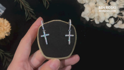 Moissanite Cross Hoop Earrings Sterling Silver, Gold, or Rose Gold | VVS Moissanite | GRA Certified